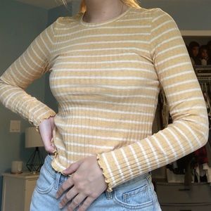 Yellow Striped Lettuce Hem Long sleeve tee